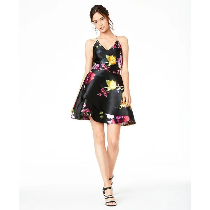 Leisure Travel BCX Women's Floral Spaghetti Strap V Neck Mini Party Fit Flare Dress Black Size 5 Leisure Travel BCX Women's Floral Spaghetti Strap V Neck Mini Party Fit Flare Dress Black Size 5