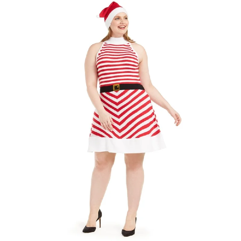 Nightclub Style Planet Gold Women's Trendy Plus Striped Fit & Flare Dress & Santa Hat Red Size 1X Nightclub Style Planet Gold Women's Trendy Plus Striped Fit & Flare Dress & Santa Hat Red Size 1X