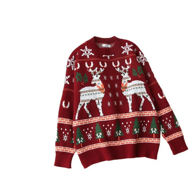 Personalized print Christmas snowflake deer jacquard knit, fall/winter round neck loose bottom sweater, pullover sweater 1415 Personalized print Christmas snowflake deer jacquard knit, fall/winter round neck loose bottom sweater, pullover sweater 1415